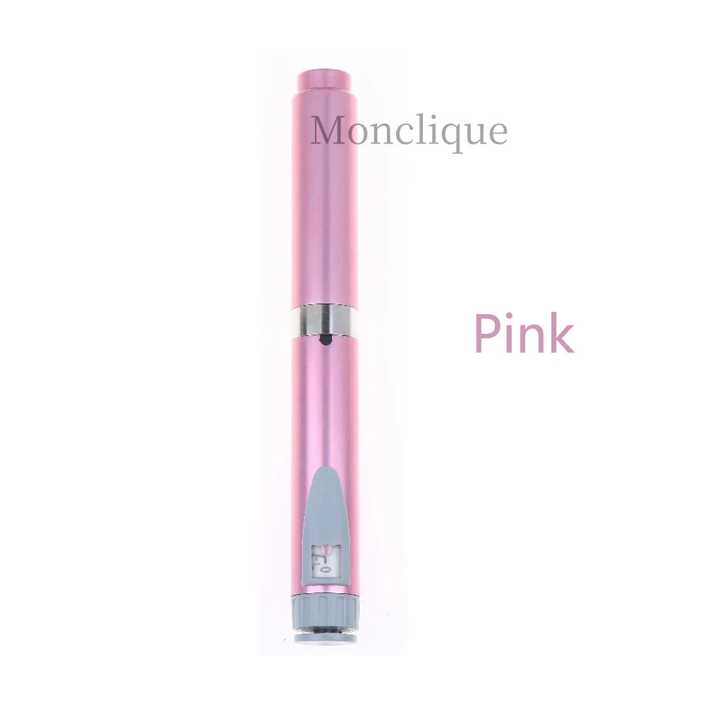 A pink Monclique reusable metal injection pen shown vertically.