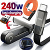 A silver 240W fast charging cable with a folding stand and an orange coiled cable shown next to a smartphone.