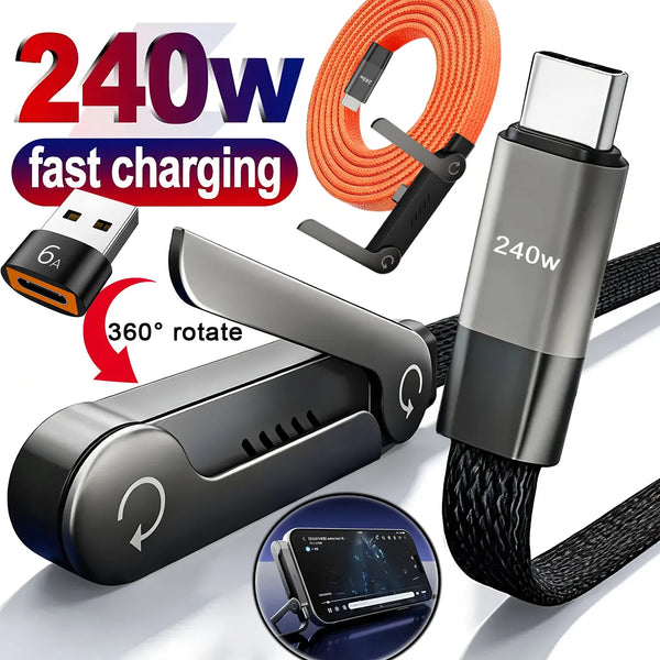 A silver 240W fast charging cable with a folding stand and an orange coiled cable shown next to a smartphone.