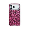 A clear phone case for an iPhone featuring a vibrant pink leopard print with glittery sequins.