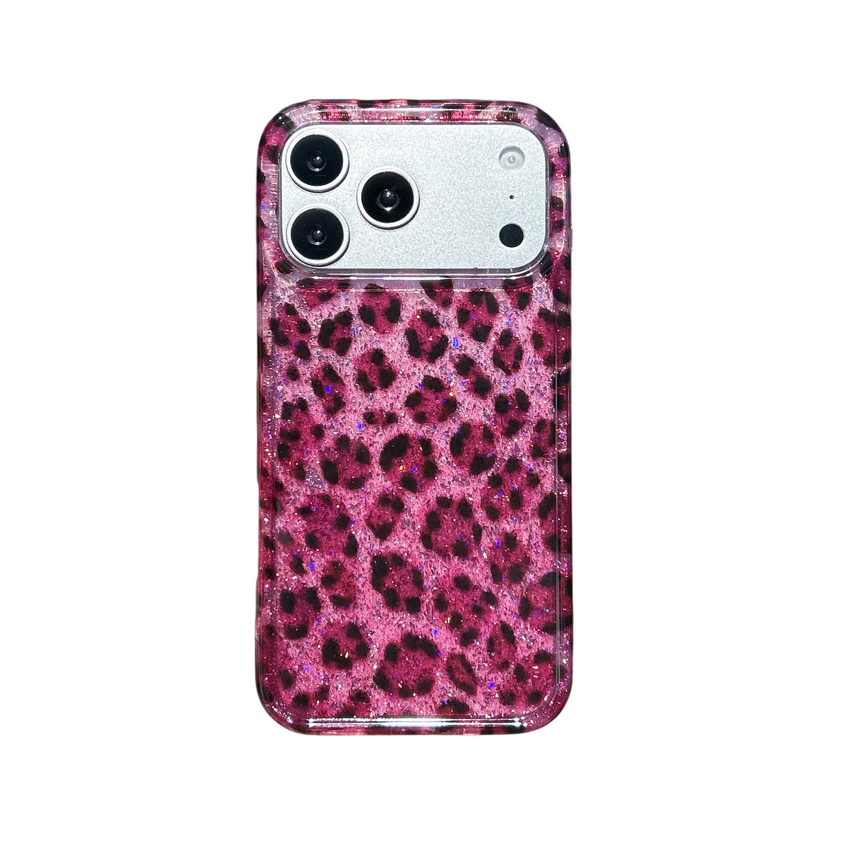 A clear phone case for an iPhone featuring a vibrant pink leopard print with glittery sequins.