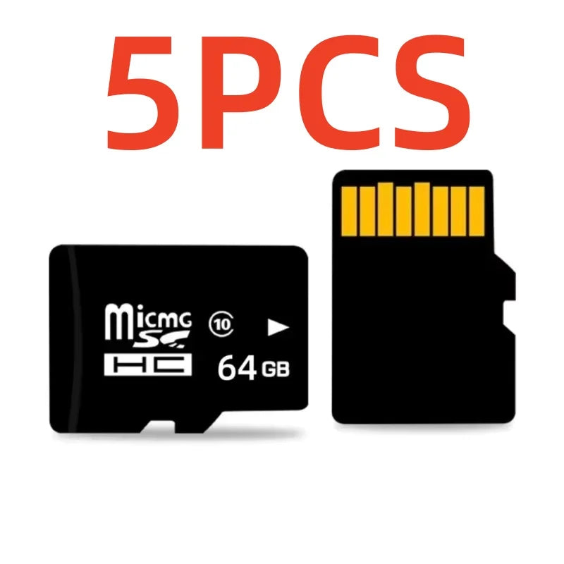 A black MicroSD memory card labeled 5PCS, showing a yellow chip and the capacity 64 GB.