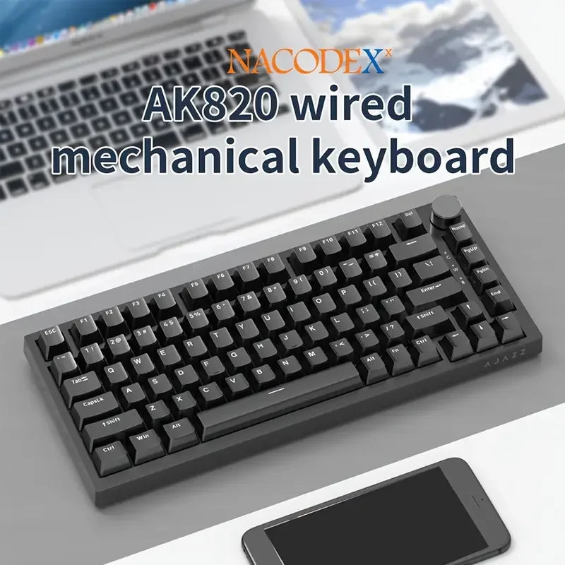 A close-up view of the black AJAZZ AK820 wired mechanical keyboard with a rotary volume knob.