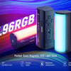 A pocket-sized magnetic RGB light stick is shown next to its battery and packaging on a blue background.