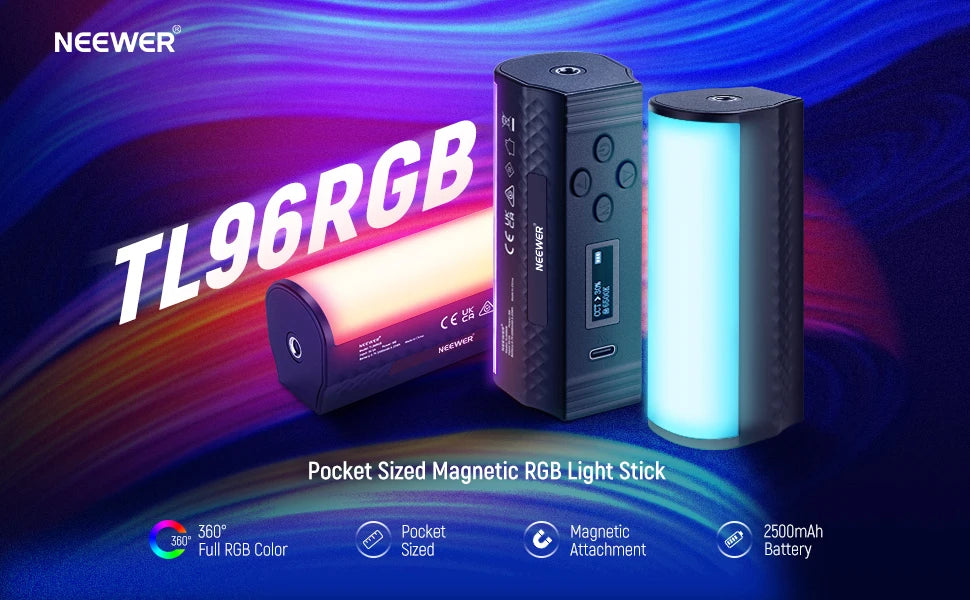 A pocket-sized magnetic RGB light stick is shown next to its battery and packaging on a blue background.