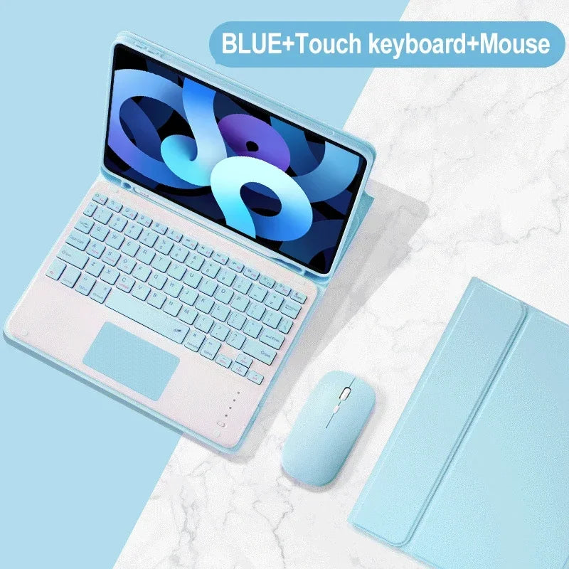 A light blue universal keyboard case for an iPad is shown with a matching Bluetooth touch keyboard and mouse on a white marbl