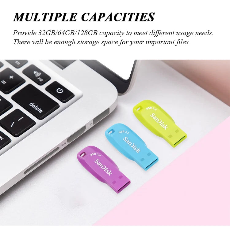 Several SanDisk Ultra Shift USB 3.2 flash drives in yellow, blue, and purple are displayed next to a laptop keyboard.