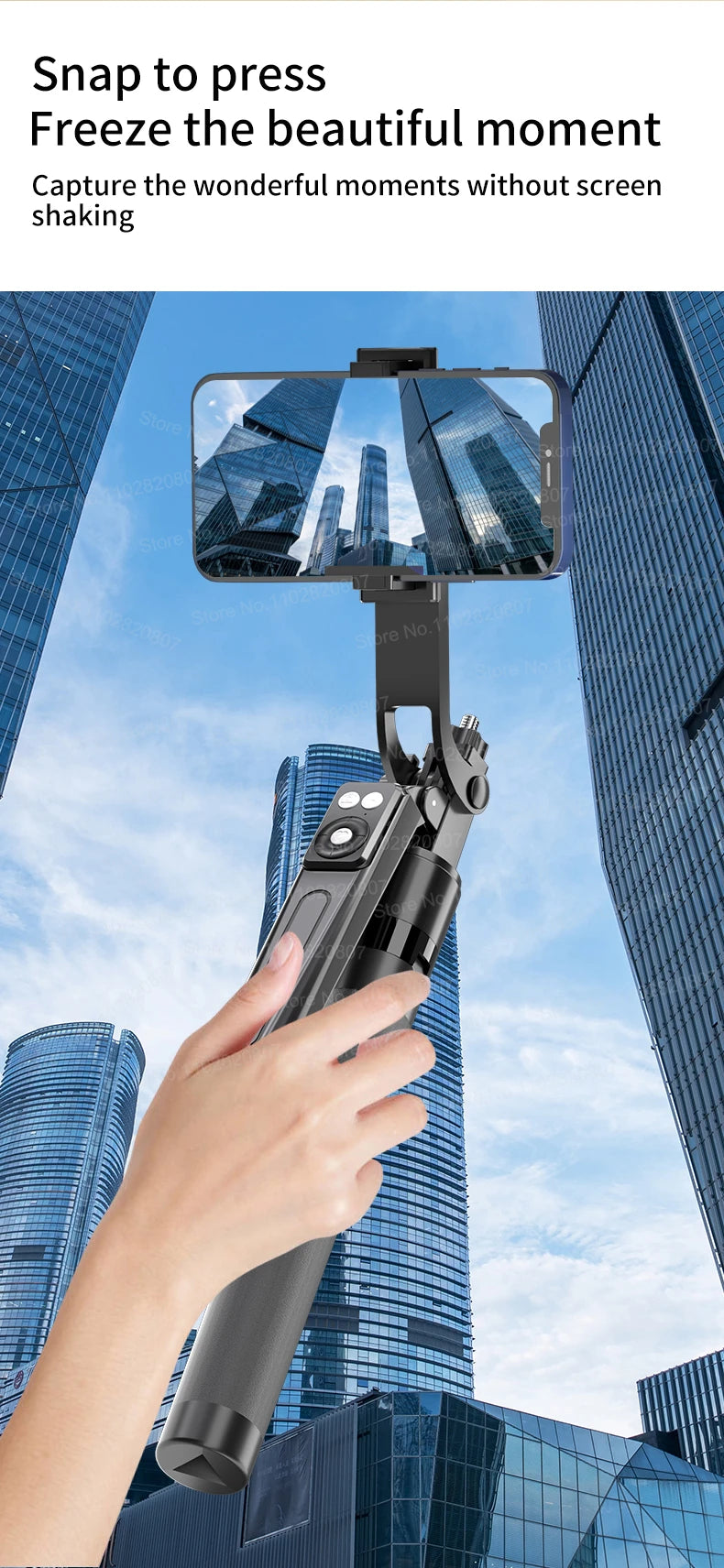 A hand holds a portable Bluetooth selfie stick tripod with a fill light and remote, capturing a cityscape.