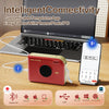 A red smart Bluetooth label maker device next to a laptop and a smartphone displaying connectivity options.