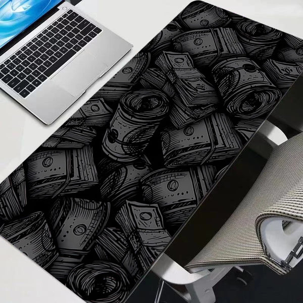 Black and white oversized gaming mouse pad featuring a design of rolled-up money bills.