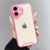 A hand holds a luminous neon clear phone case for an iPhone, showing the back of the phone with an Apple logo.