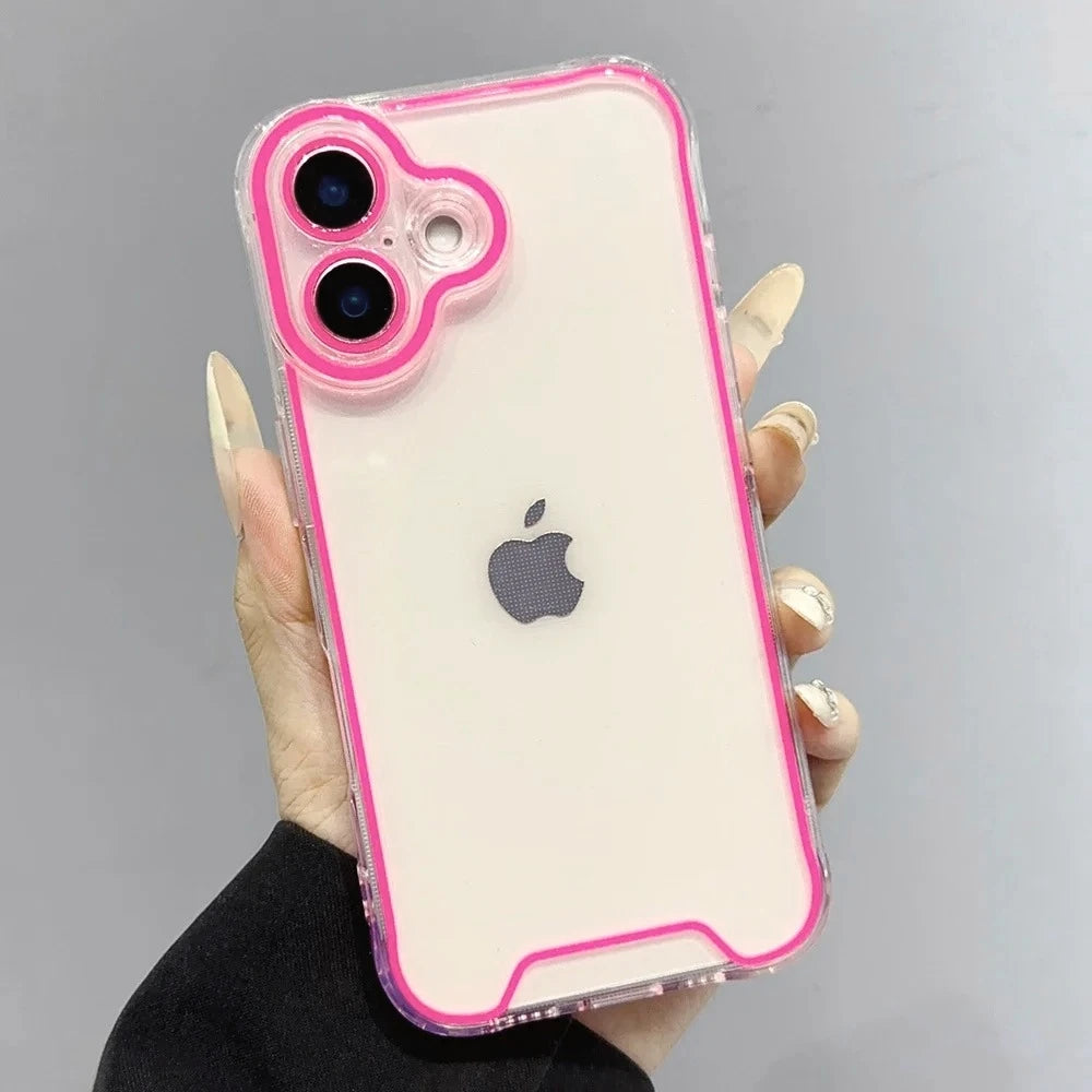 A hand holds a luminous neon clear phone case for an iPhone, showing the back of the phone with an Apple logo.