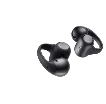A pair of black SHOKZ Bluetooth headphones shown with their charging case.