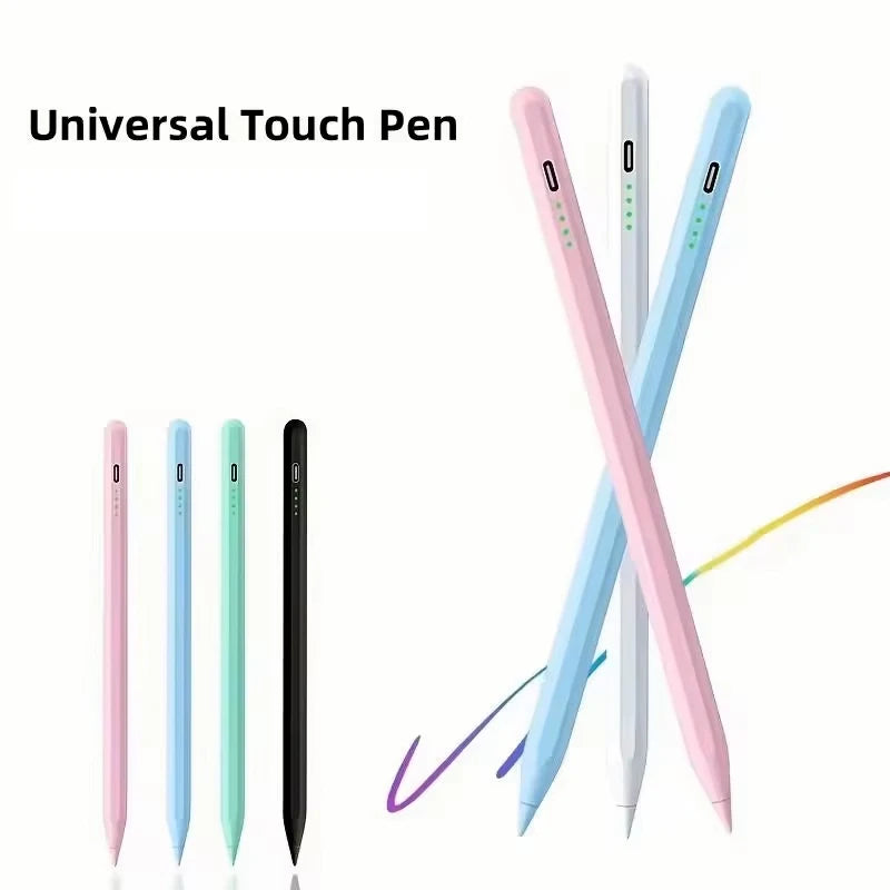 A set of five universal touch pens in pink, blue, and black are displayed against a white background.