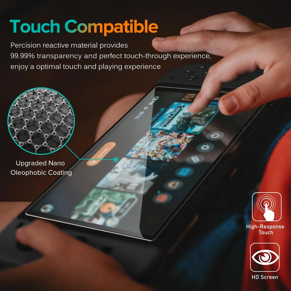 A hand touches a device screen featuring a clear glass protector, highlighting its touch compatibility and HD screen quality.
