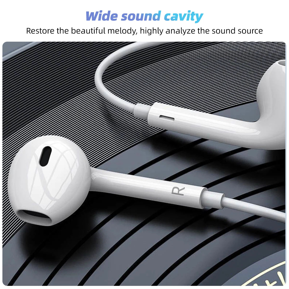 A white wired Type-C earphone with a microphone is shown against a dark background.