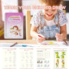 A young girl is drawing on paper with a red pencil, surrounded by various handwriting practice worksheets.