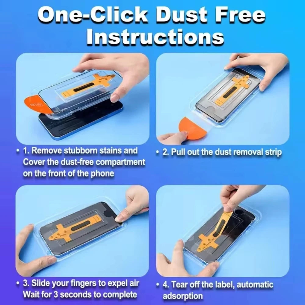 Instructions for using a one-click dust-free screen protector on a phone.