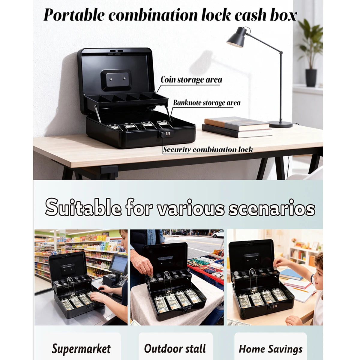 Portable combination lock cash box with coin and banknote storage areas shown on a table.