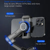 A black 3-axis gimbal stabilizer is shown with its three motors and mounting points for a smartphone.