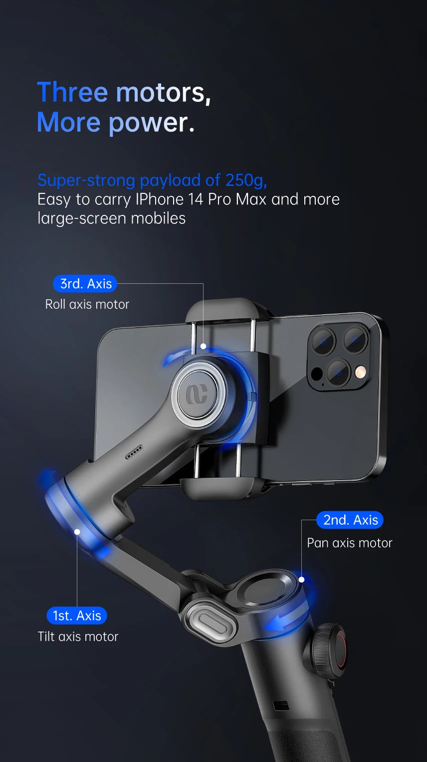 A black 3-axis gimbal stabilizer is shown with its three motors and mounting points for a smartphone.