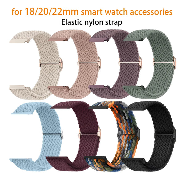 A collection of elastic nylon watch straps in various colors and patterns for 18/20/22mm smart watches