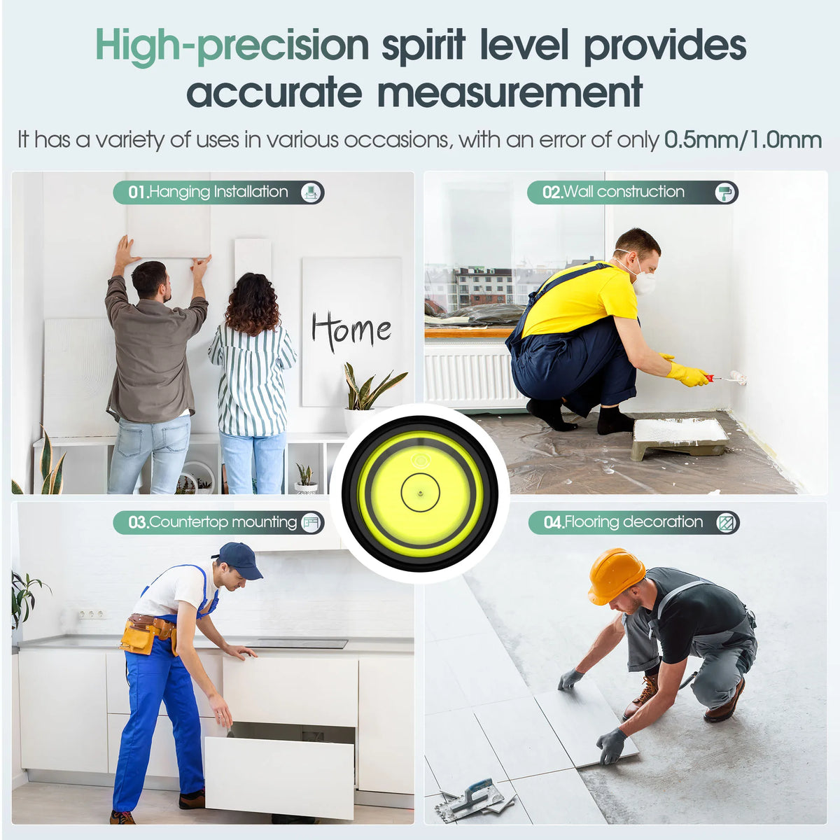A collection of images showing various uses of a high-precision spirit level for tasks like hanging installation, wall constr