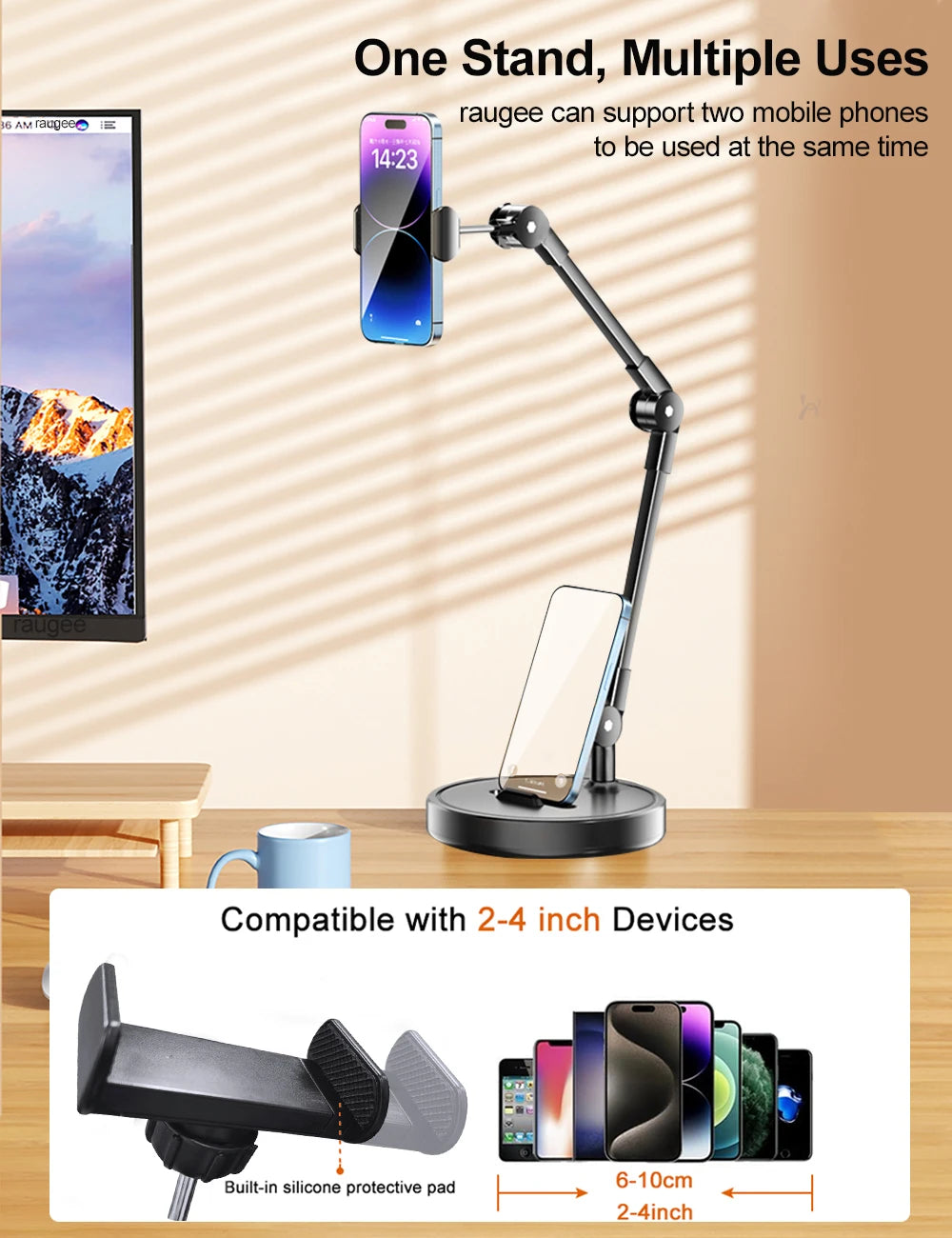 A single stand allows two mobile phones to be used simultaneously, compatible with 2-4 inch devices.