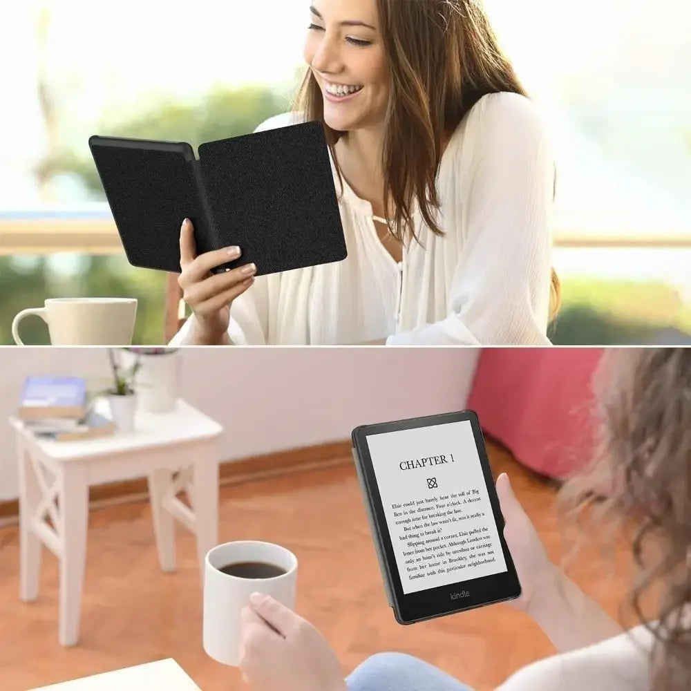 A woman is reading on a Kindle Paperwhite device in a bright indoor setting.