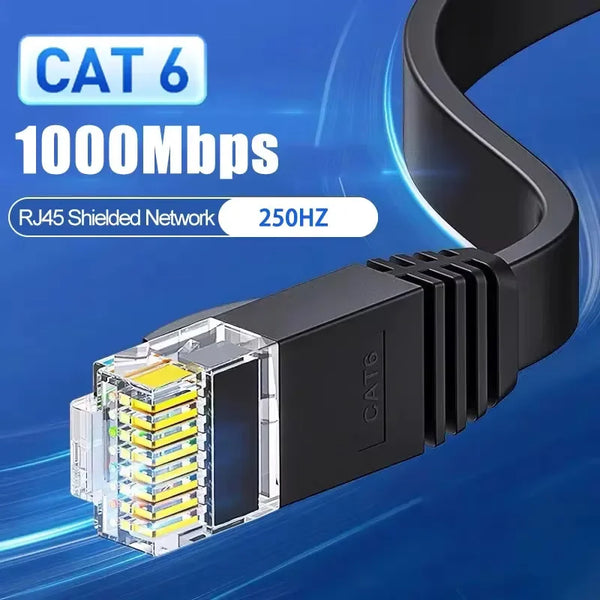 A black CAT6 Ethernet network cable with an RJ45 connector is shown against a blue background.