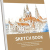 A spiral-bound sketch book featuring an illustration of a historic European cathedral and city skyline.