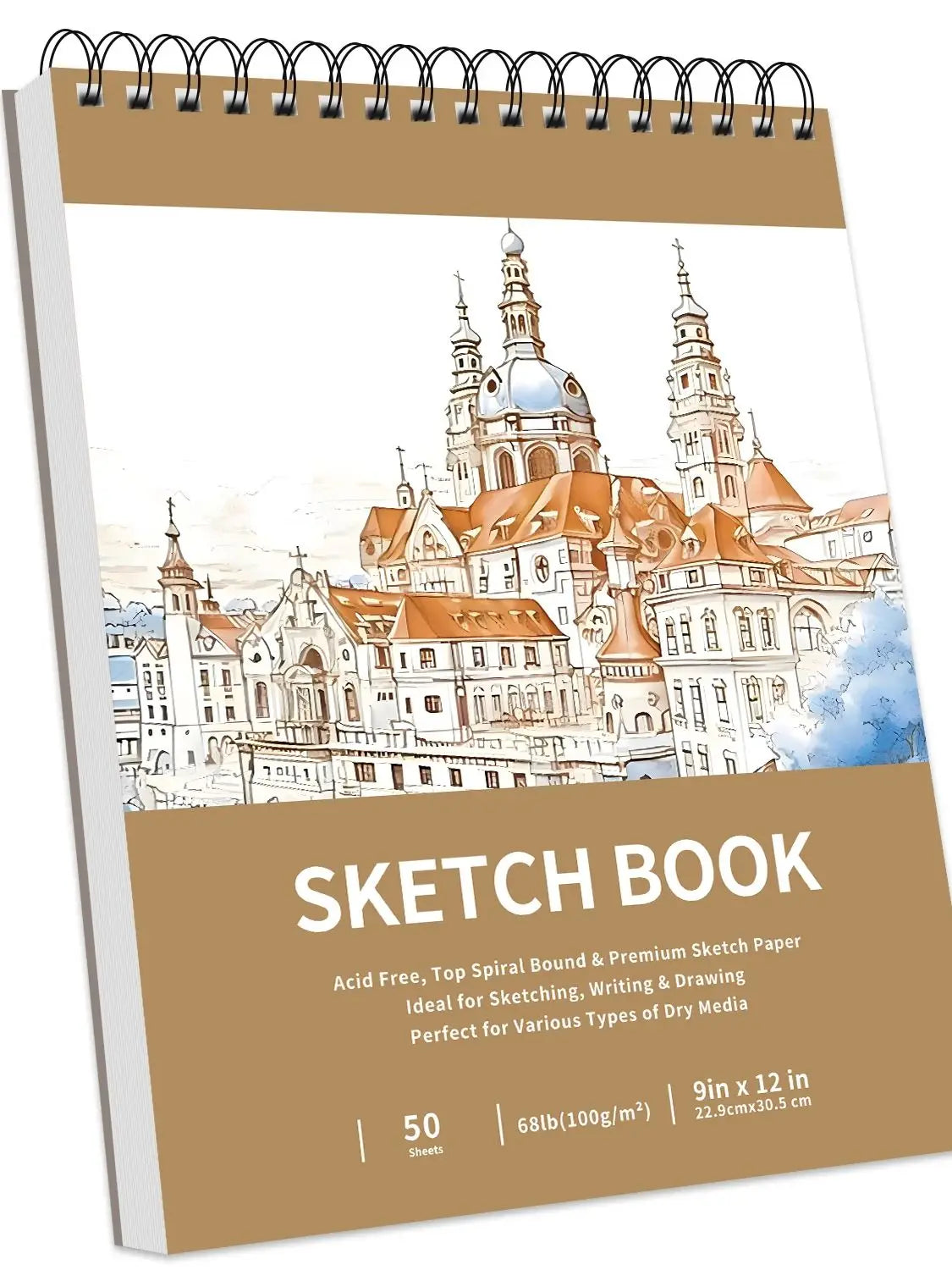 A spiral-bound sketch book featuring an illustration of a historic European cathedral and city skyline.