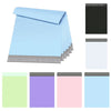 A stack of self-sealing multicolor mail bags in various shades including light blue, purple, pink, and mint green.