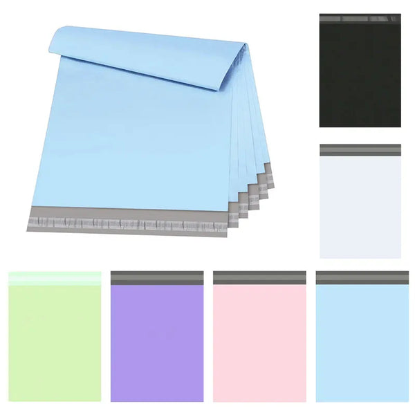 A stack of self-sealing multicolor mail bags in various shades including light blue, purple, pink, and mint green.