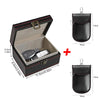 Black leather RFID blocking key fob protector case with a magnetic closure and storage compartment