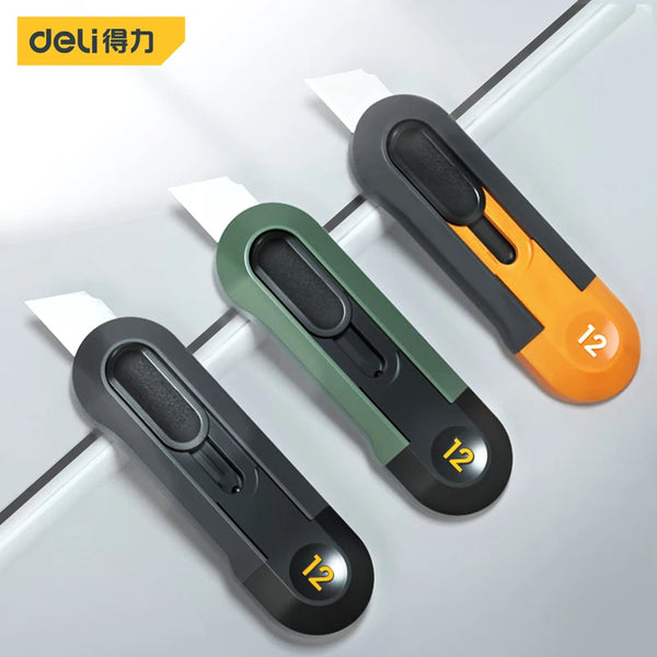 Three colored mini pocket knives with white grips are displayed against a white background.