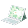 A light green leather keyboard case with a detachable Bluetooth keyboard for an iPad is shown open.