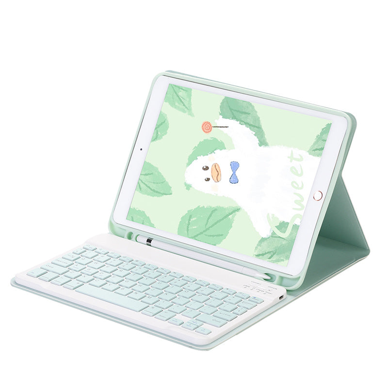 A light green leather keyboard case with a detachable Bluetooth keyboard for an iPad is shown open.