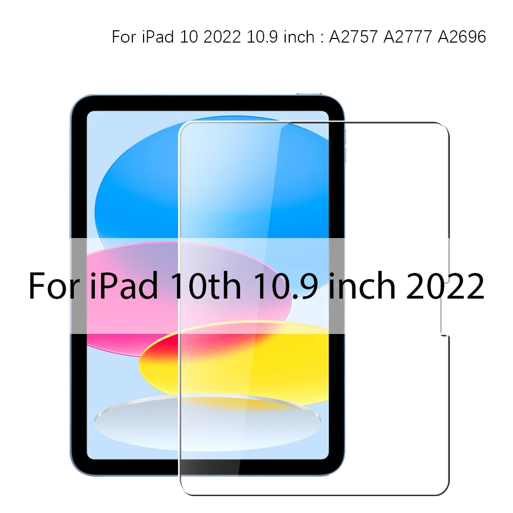 A transparent tempered glass screen protector for an iPad 10th generation device.