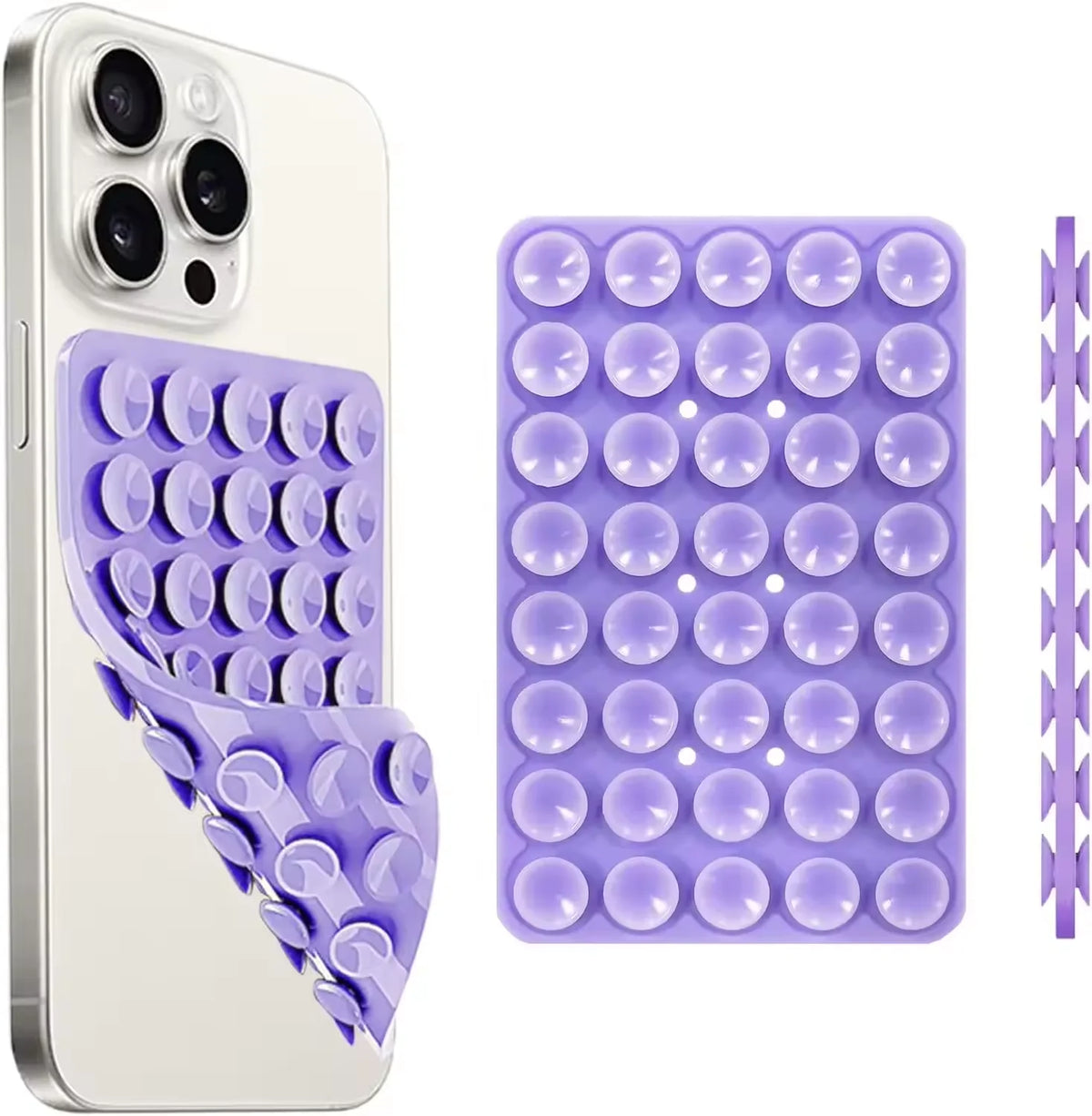 A white smartphone case and a purple silicone suction cup phone mount with multiple suction cups.