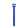 A blue reusable nylon cable organizer tie with a loop at the top.