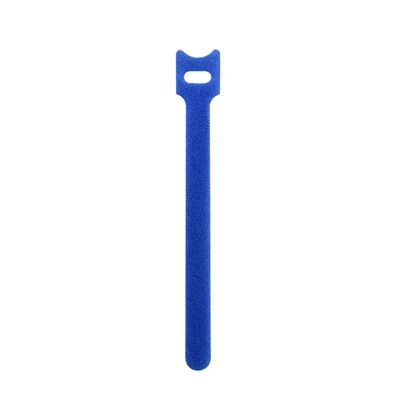 A blue reusable nylon cable organizer tie with a loop at the top.