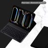A black magnetic keyboard case for an iPad, showing the interior and the attached Bluetooth keyboard.