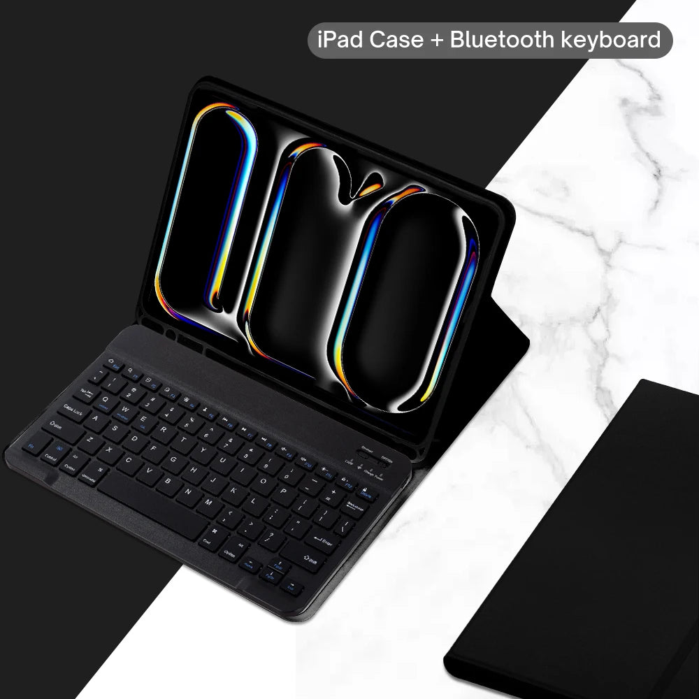 A black magnetic keyboard case for an iPad, showing the interior and the attached Bluetooth keyboard.