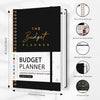 A black undated monthly budget planner notebook with various features shown.