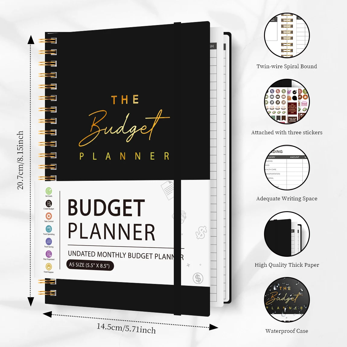 A black undated monthly budget planner notebook with various features shown.