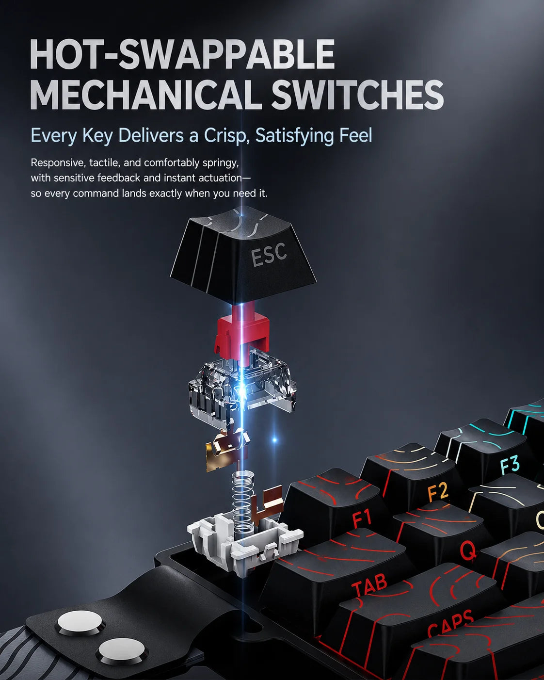 A close-up view of a hot-swappable mechanical switch being installed into a keyboard, highlighting the components and assembl