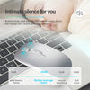 A gray AI voice typing mouse is shown resting on a laptop keyboard with various noise level indicators.