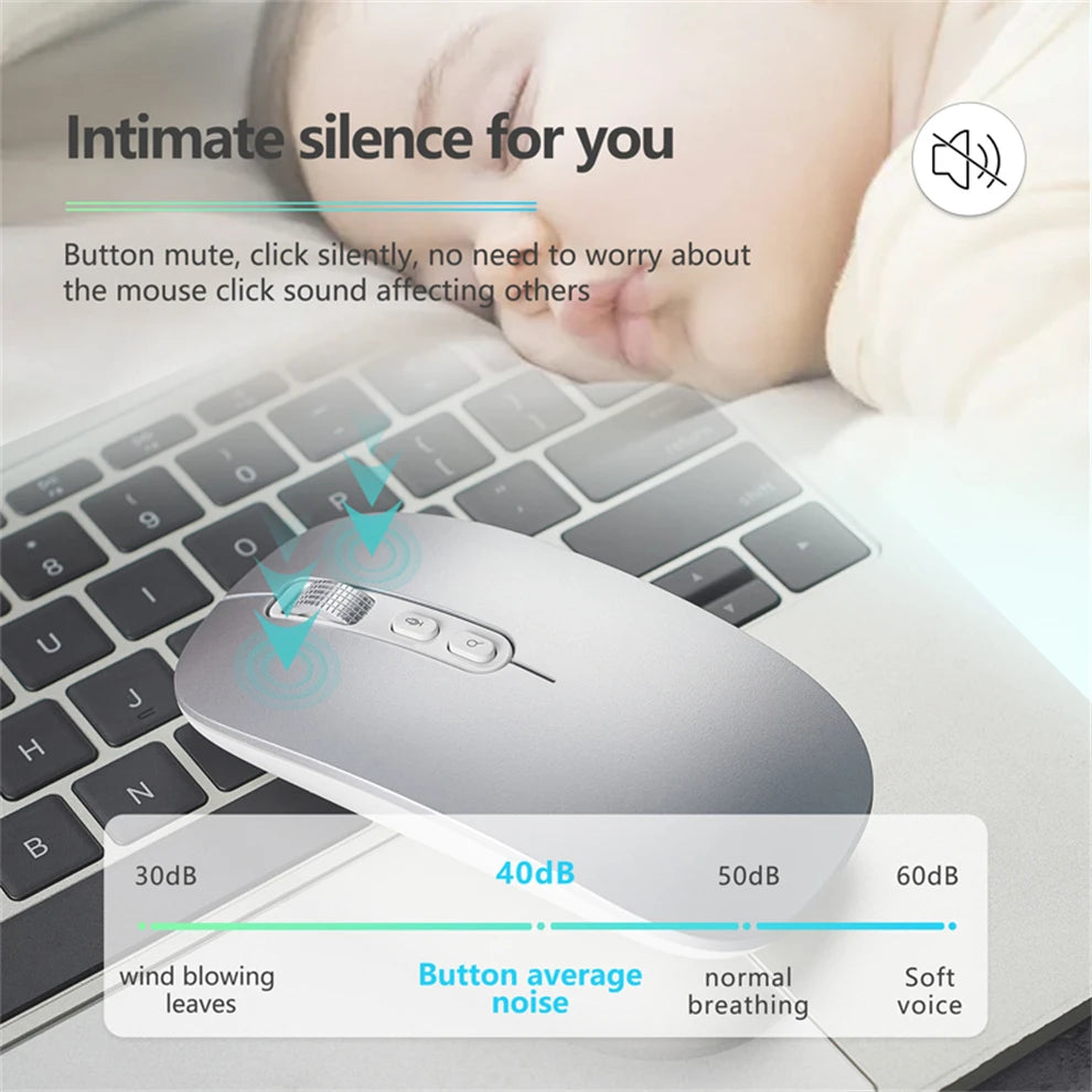 A gray AI voice typing mouse is shown resting on a laptop keyboard with various noise level indicators.