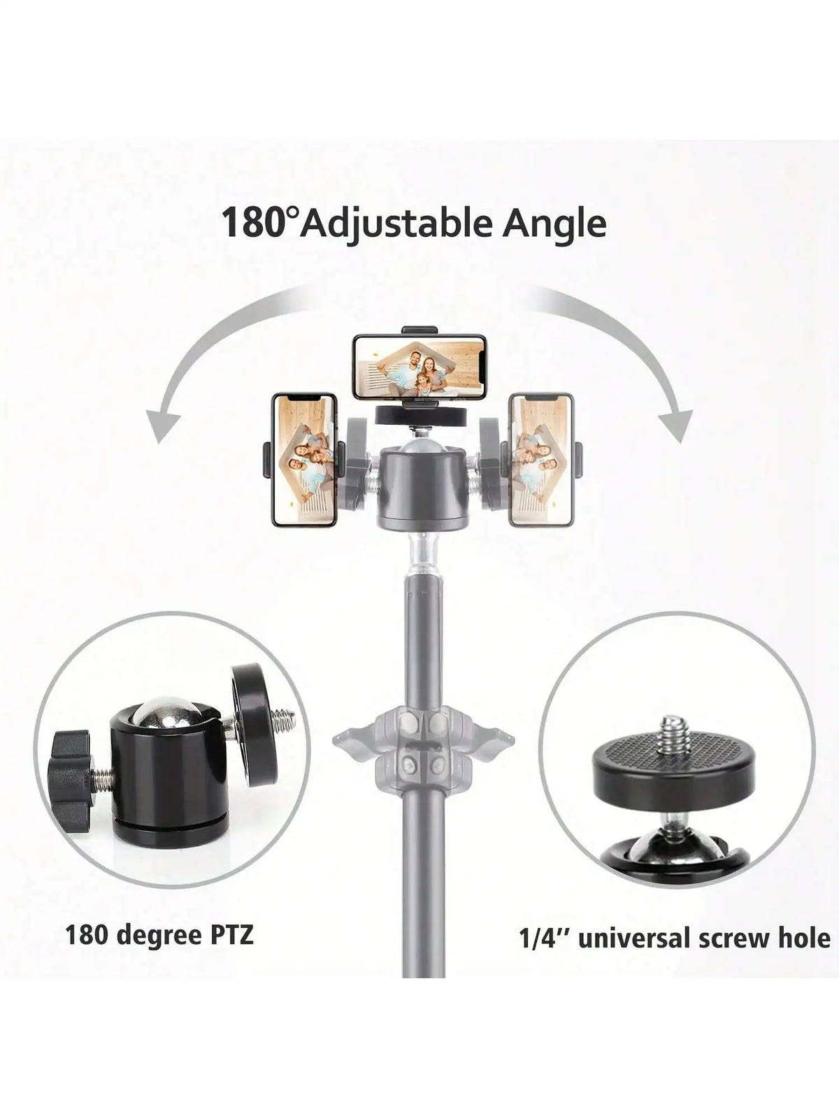 180-degree adjustable tripod for phones and cameras with an 180-degree PTZ feature and a 1/4 inch universal screw hole.